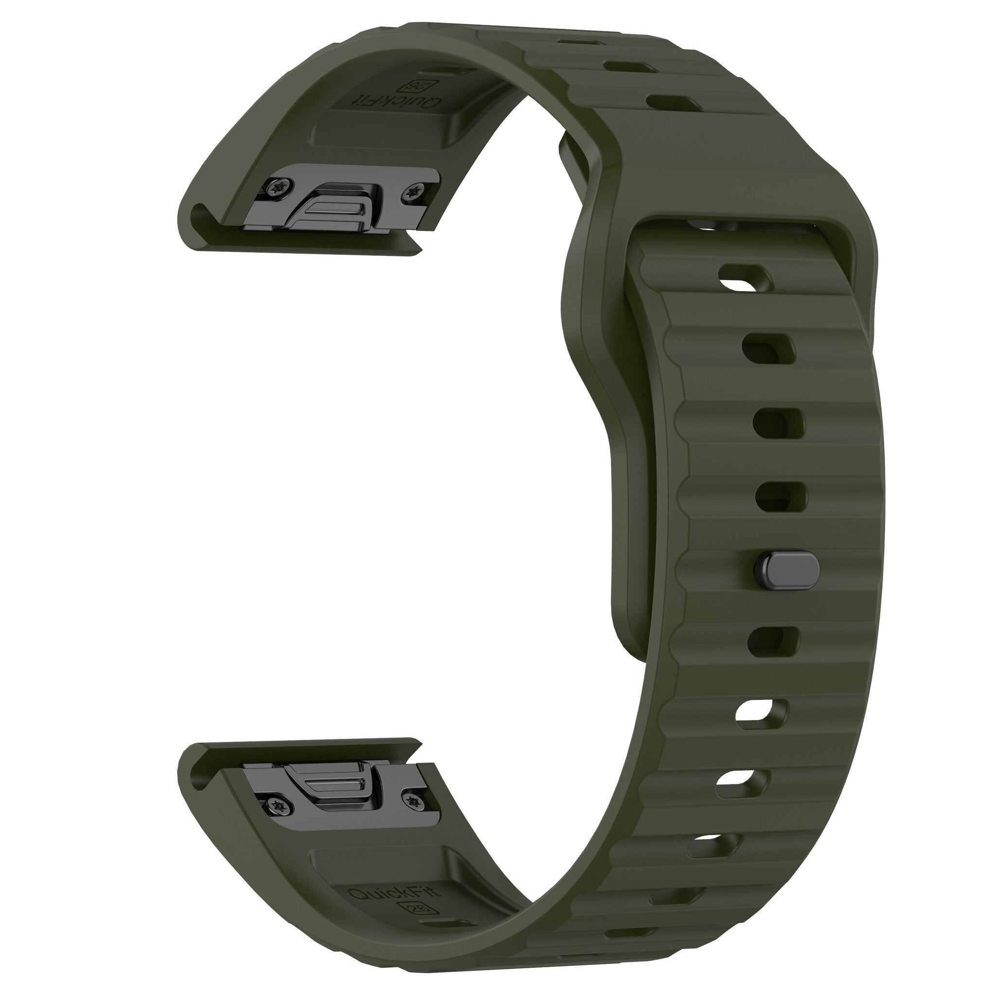 Ein olivgrünes Uhrenarmband mit Quick-Fit-Design. Es hat eine geriffelte Textur und eine schwarze Schnalle.