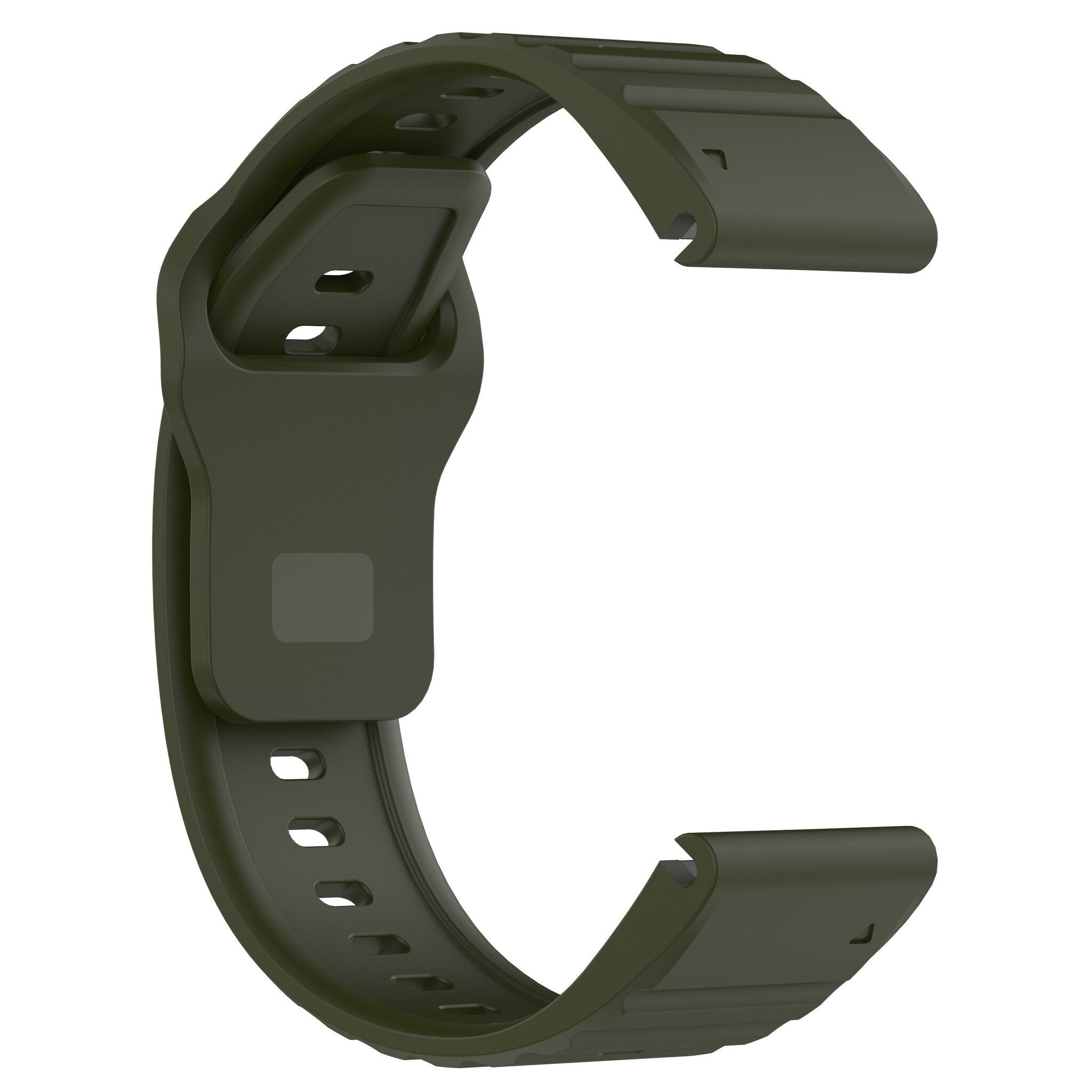Ein olivgrünes Uhrenarmband wird vor einem weißen Hintergrund gezeigt. Es hat eine C-Form. Das Armband besteht aus einem weichen Material.