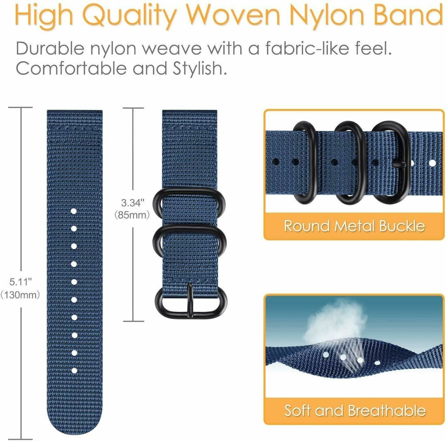 Ein blaues Nylon-Uhrenarmband mit Metallschnalle, das seine gewebte Textur hervorhebt. Details umfassen Größe und Atmungsaktivität.
