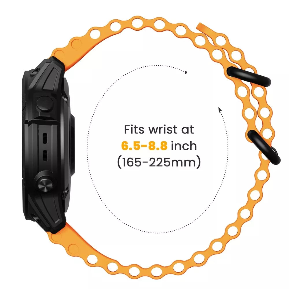 Schwarze Smartwatch mit orangefarbenem Armband. Die Uhr wird in Seitenansicht gezeigt. Text: Passend für Handgelenke von 6,5-8,8 Zoll (165-225 mm).