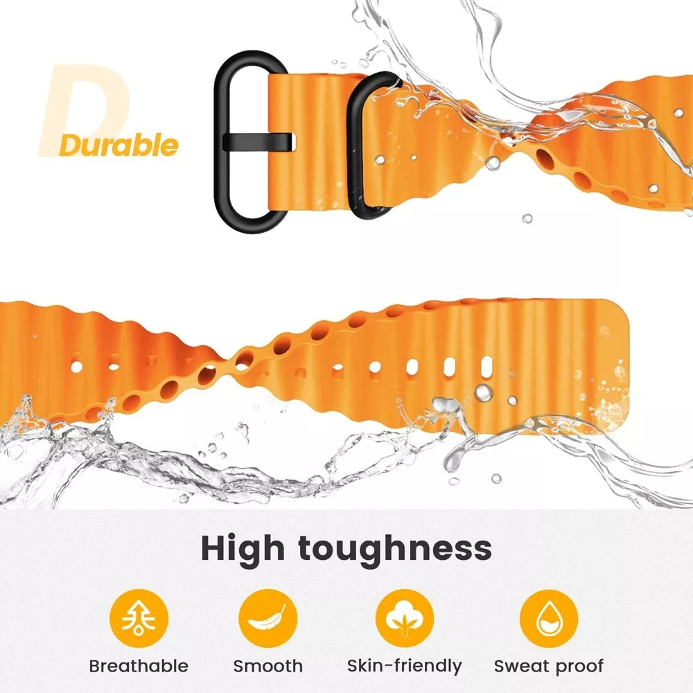 Oranges Uhrenarmband mit schwarzer Schnalle und Wasserspritzeffekt. Text erwähnt hohe Zähigkeit, Atmungsaktivität, Glätte, Hautfreundlichkeit und Schweißfestigkeit.
