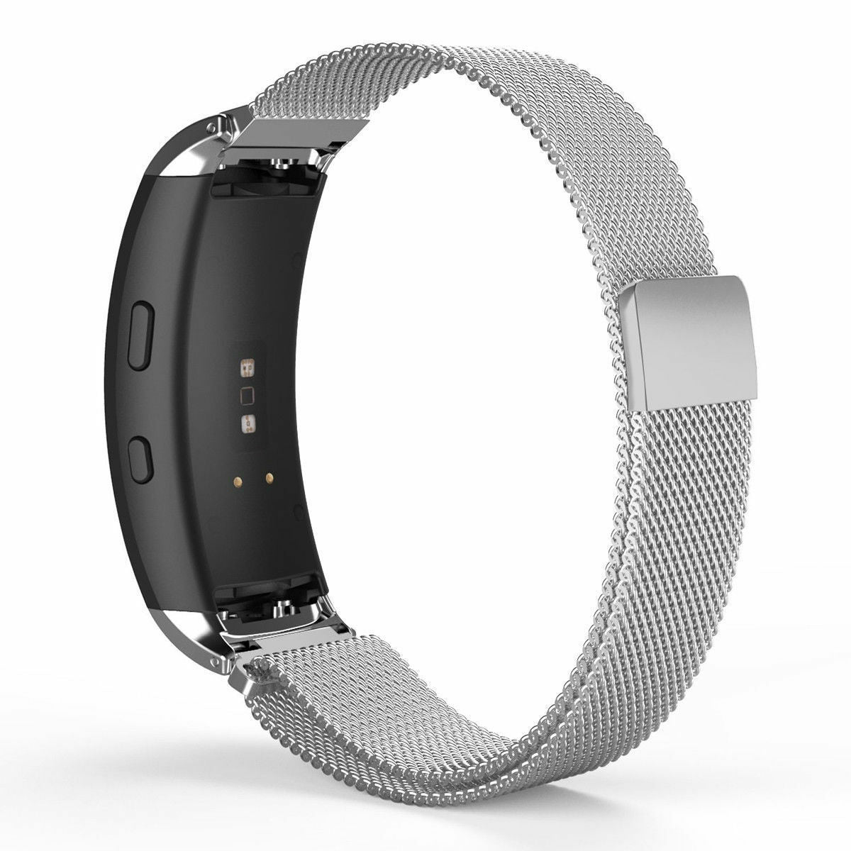 Eine schwarze Smartwatch mit silbernem Mesh-Armband. Das Armband ist geöffnet und zeigt die Unterseite der Uhr. Weißer Hintergrund.