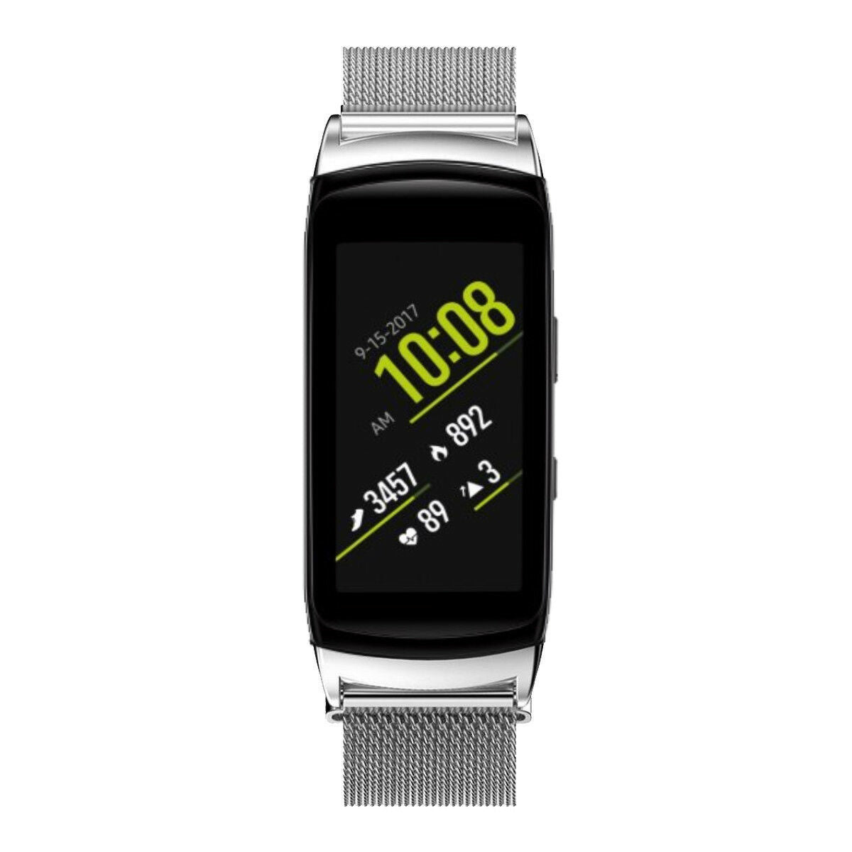 Eine Smartwatch mit schwarzem Bildschirm, der die Uhrzeit 10:08 Uhr AM, Datum 9-15-2017, Schritte und Herzfrequenz anzeigt. Sie hat ein Metallarmband.