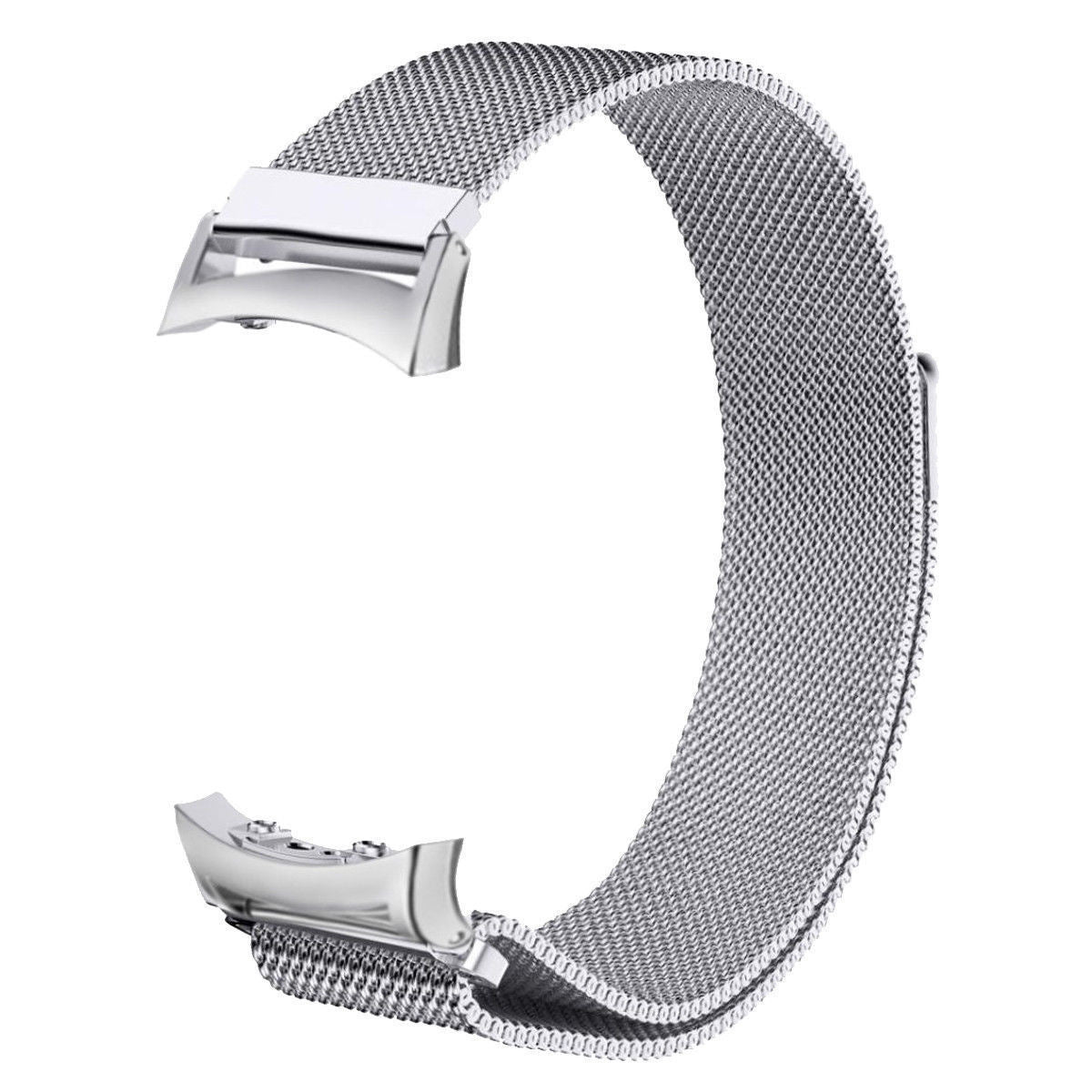 Ein silbernes Uhrenarmband aus Mesh. Das Armband hat an beiden Enden einen Metallverschluss. Das Mesh ist fein und der Hintergrund ist weiß.