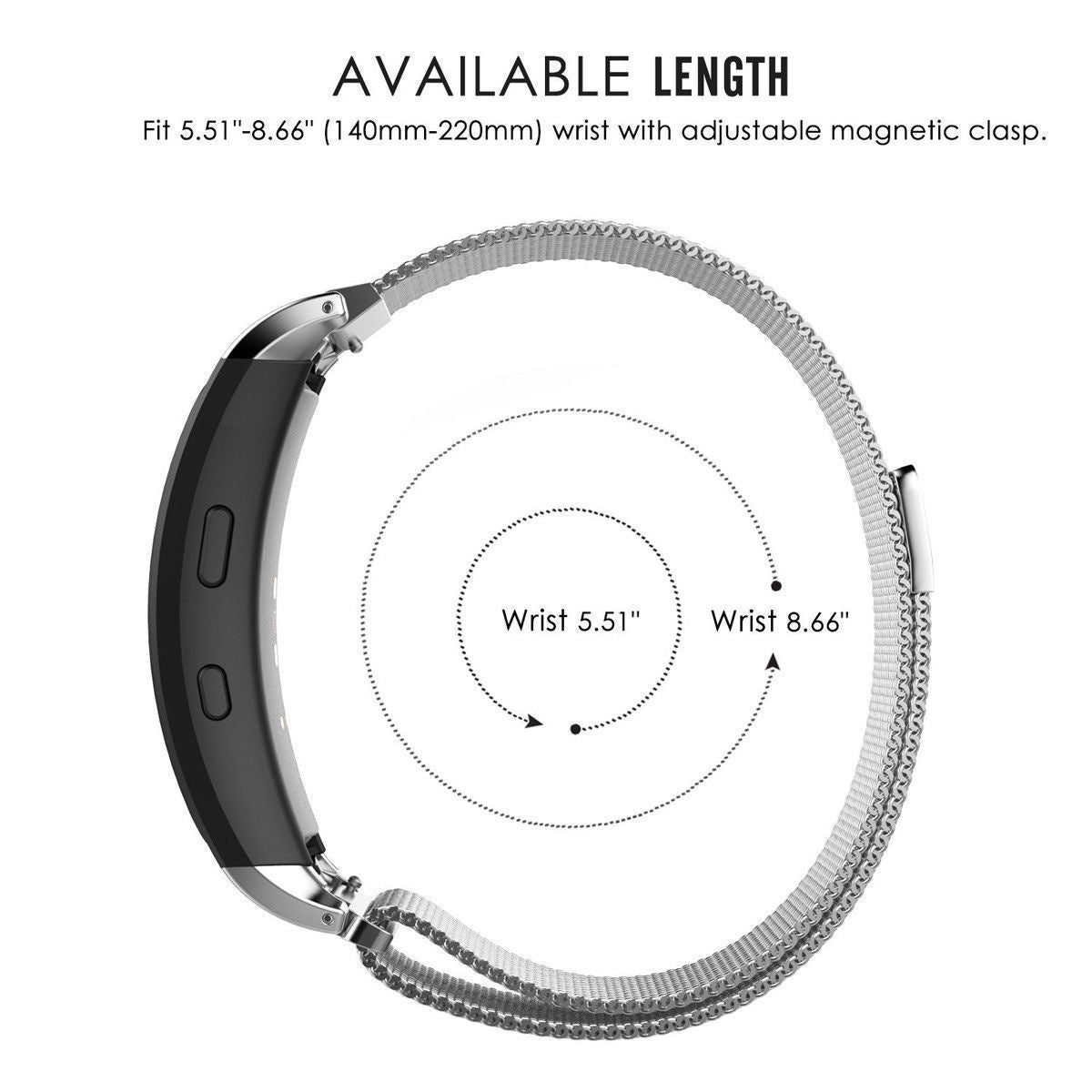 Eine schwarze Smartwatch mit silbernem Mesh-Armband. Text lautet 'VERFÜGBARE LÄNGE' und Handgelenkgrößen.