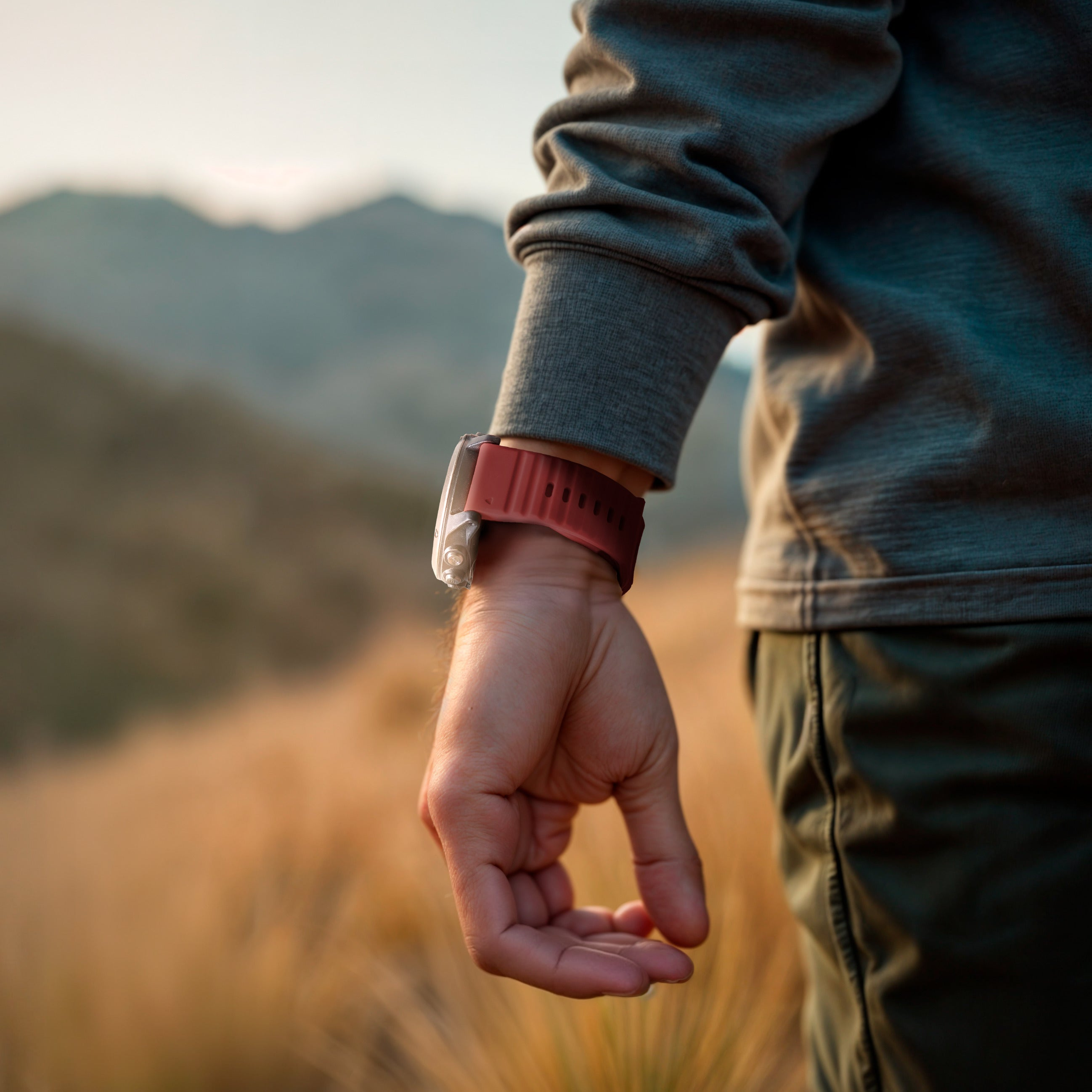 Der Arm einer Person mit einer Uhr. Der Arm befindet sich vor einem verschwommenen Feld und Bergen. Die Uhr ist rot mit silbernem Zifferblatt.