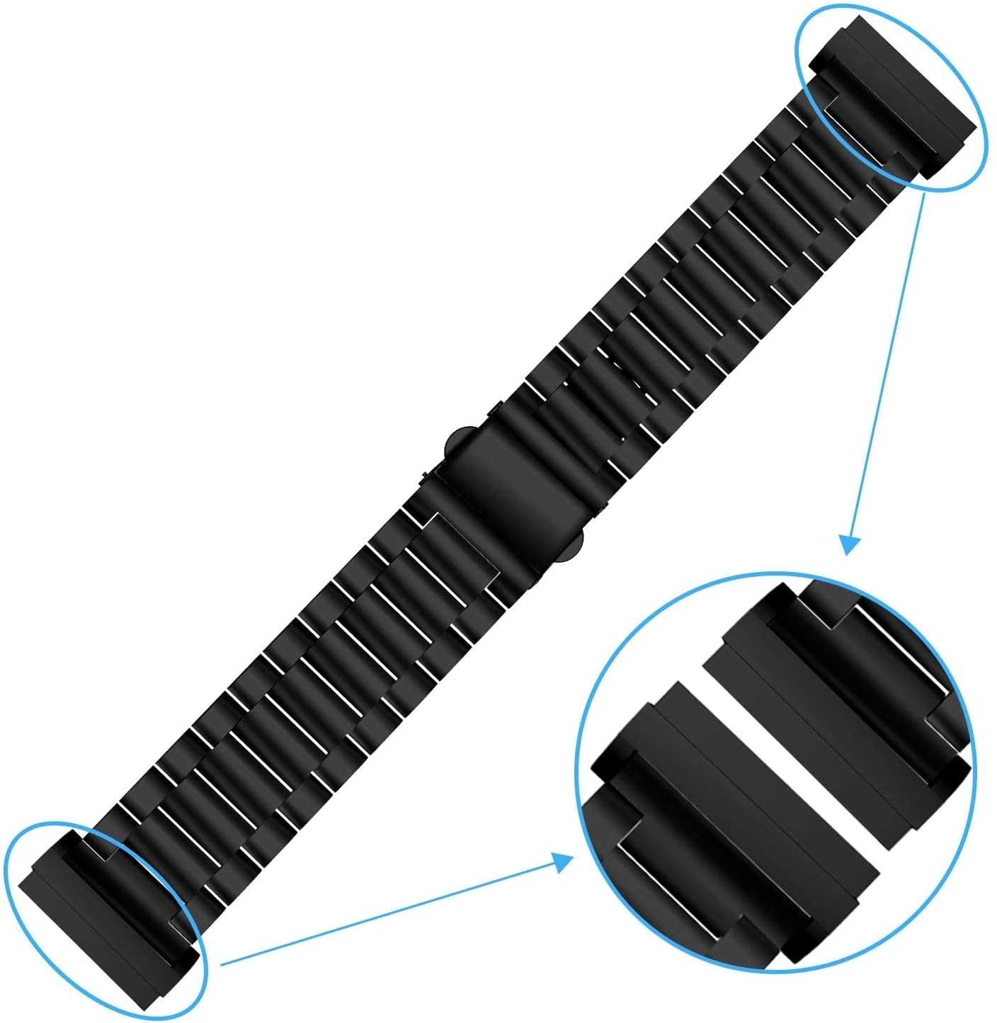 Ein schwarzes Metallarmband mit Verschluss und Gliedern, vor weißem Hintergrund. Detail des Verschlusses hervorgehoben.