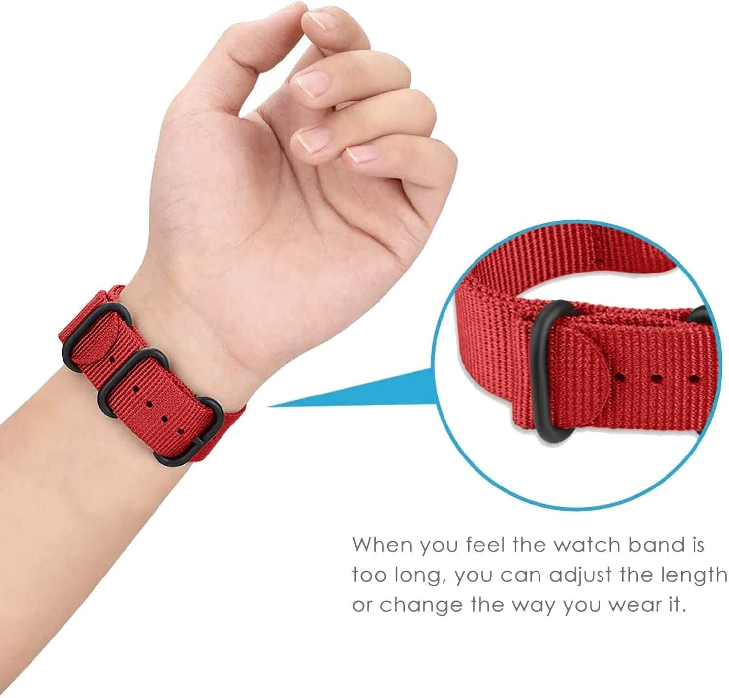 Eine Hand trägt ein rotes Uhrenarmband mit schwarzen Schnallen. Eine Nahaufnahme zeigt die Textur. Text erklärt die Anpassung.
