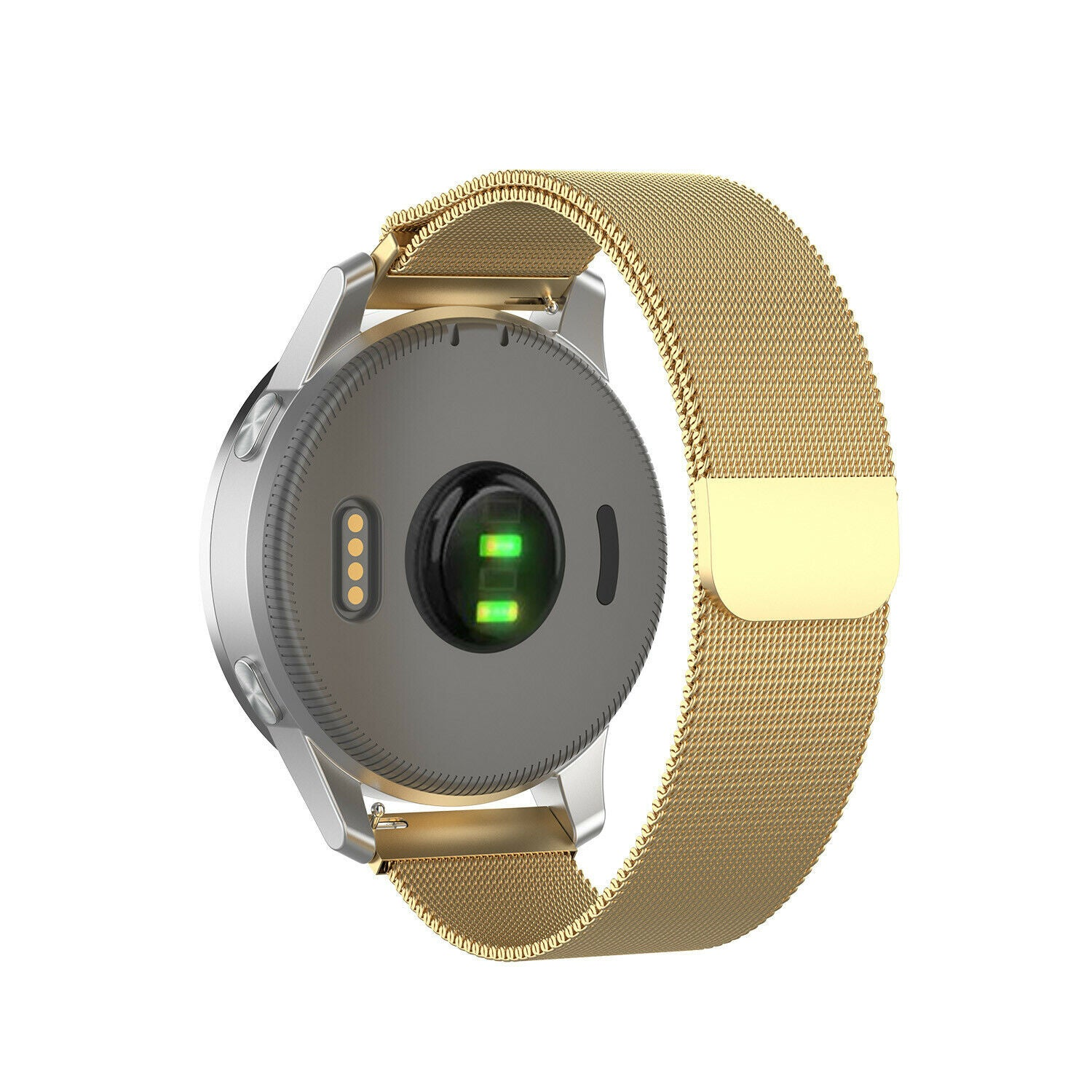 Silberne Smartwatch mit goldenem Mesh-Band, die Unterseite ist sichtbar. Sie hat einen Herzfrequenzsensor und grüne Lichter.