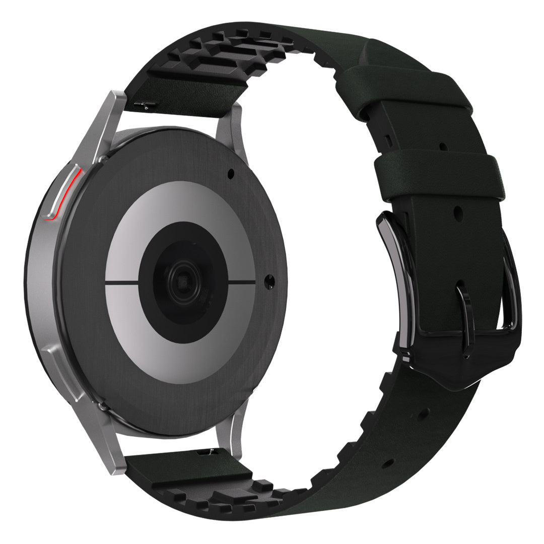 Eine Smartwatch mit schwarzem Armband. Das Zifferblatt ist dunkel mit einem silbernen Ring. Das Armband ist schwarz mit einer Schnalle.