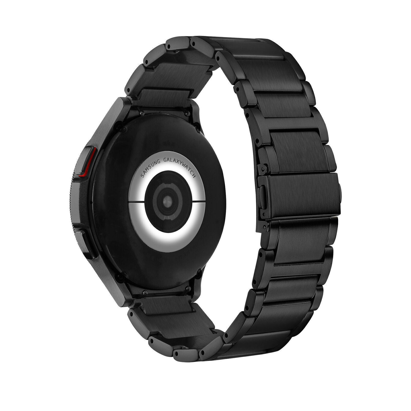 Eine schwarze Samsung Galaxy Watch mit schwarzem Metallarmband auf weißem Hintergrund. Die Rückseite der Uhr ist sichtbar.