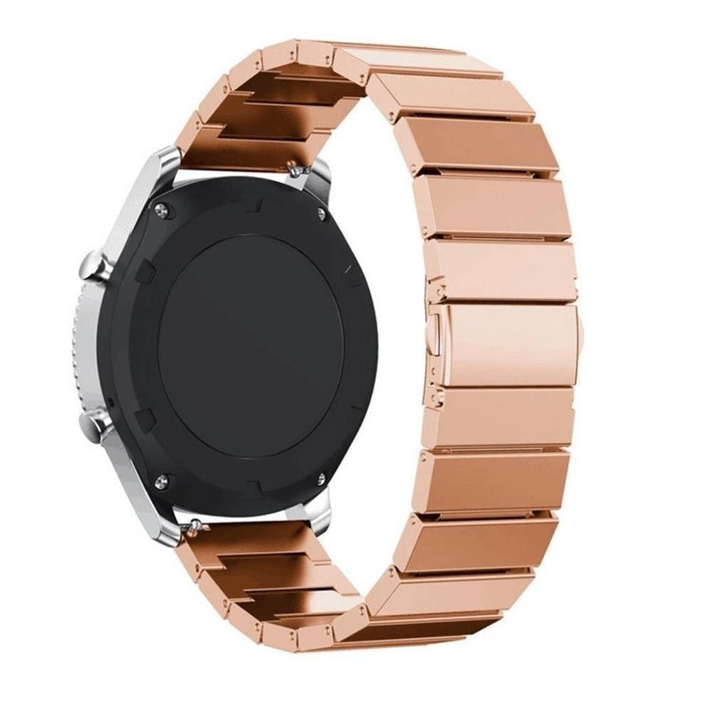 Eine roségoldene Smartwatch mit Metallarmband. Das Zifferblatt ist schwarz, das Gehäuse silberfarben.