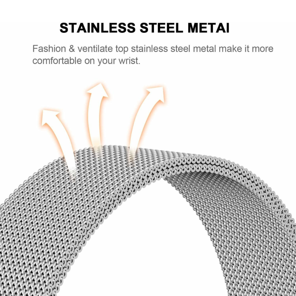 Nahaufnahme eines Edelstahl-Mesh-Uhrenarmbands. Drei Pfeile nach oben deuten auf Belüftung hin. Text: 'STAINLESS STEEL METAI' und eine Beschreibung.