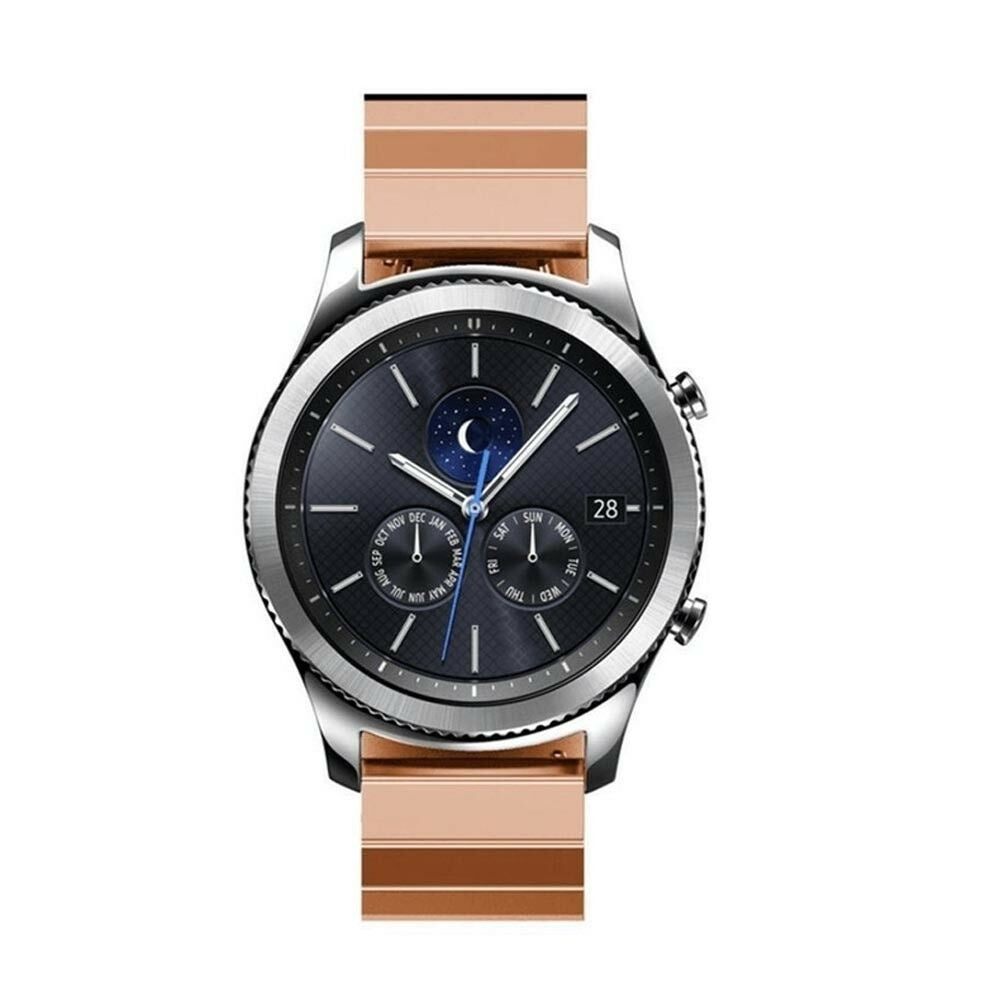 Eine Smartwatch mit schwarzem Zifferblatt, silberner Lünette und roségoldfarbenem Armband. Die Uhr zeigt Datum, Uhrzeit und Mondphase an.