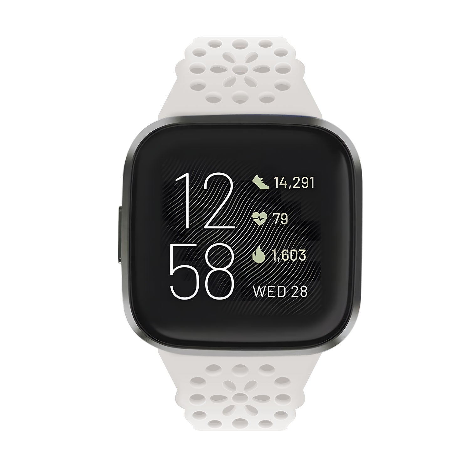 Eine Smartwatch mit weißem Armband. Das Display zeigt Zeit, Schritte, Herzfrequenz und Datum. Die Uhr ist auf weißem Hintergrund.