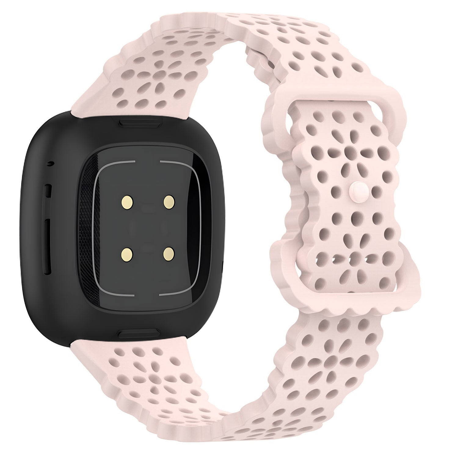 Eine schwarze Smartwatch mit einem hellrosa perforierten Band. Das Zifferblatt ist rechteckig und das Band hat eine Schnalle.