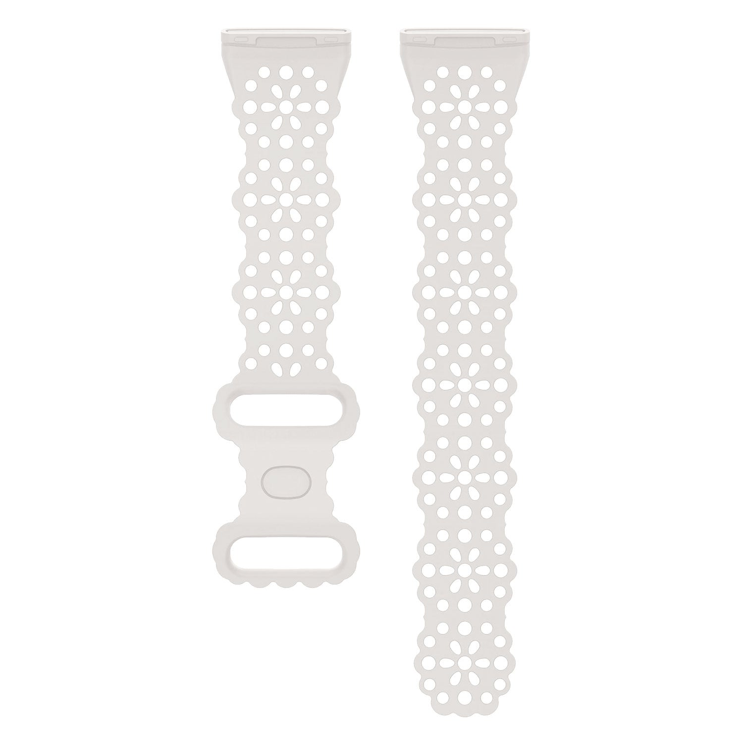 Zwei weiße Uhrenarmbänder mit floralen Aussparungen. Ein Armband hat eine Schnalle. Beide befinden sich auf weißem Hintergrund.