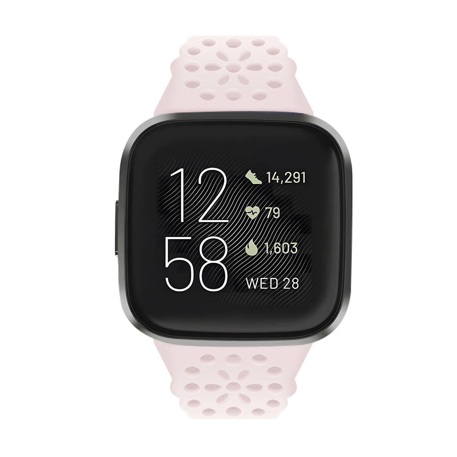 Eine Smartwatch mit schwarzem Bildschirm, der Zeit und Statistiken anzeigt, mit einem hellrosa perforierten Armband. Die Uhr zeigt 12:58 und Aktivitätsdaten.