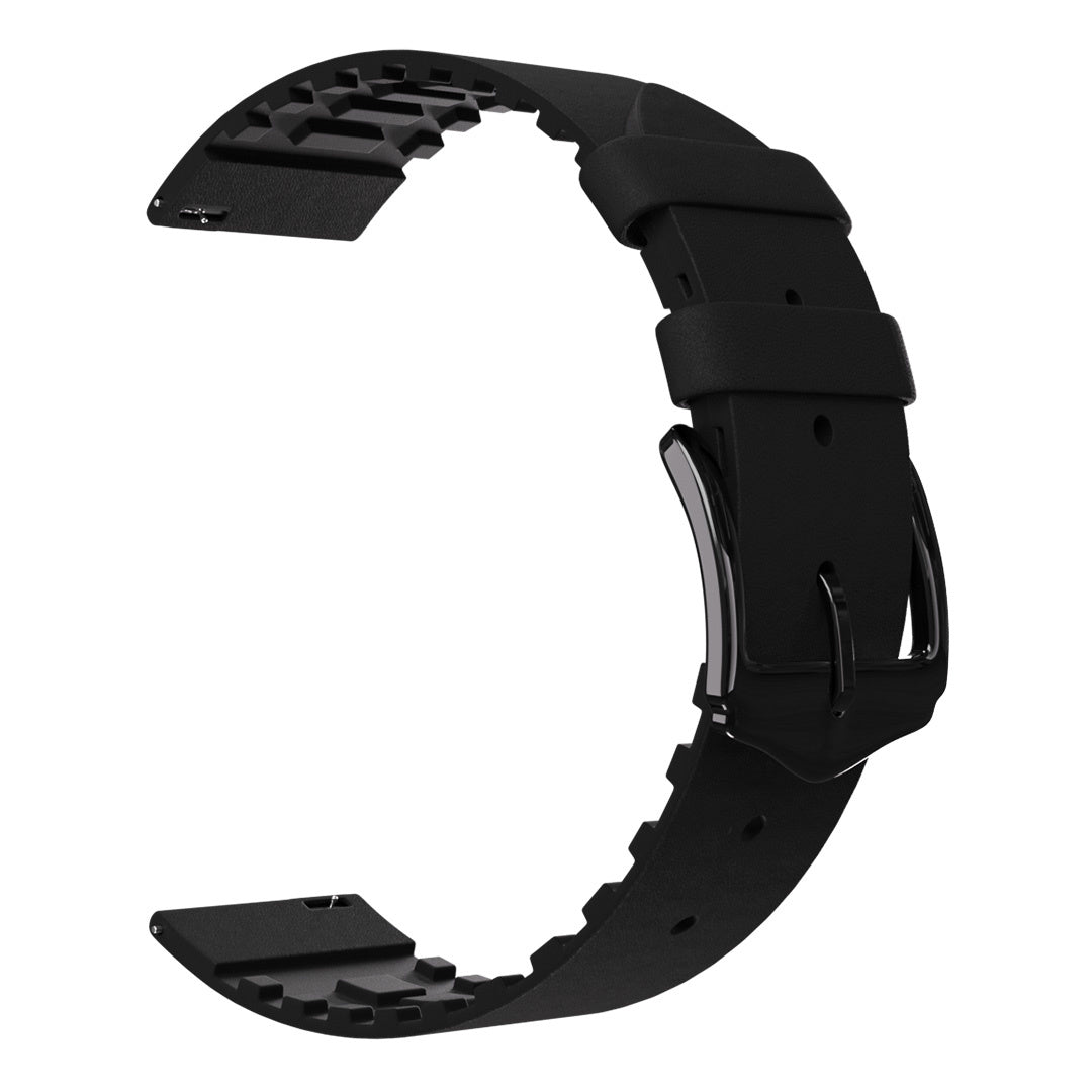 Ein schwarzes Uhrenarmband ist gebogen. Es hat eine strukturierte Unterseite, eine Schnalle und eine glatte lederartige Oberseite.