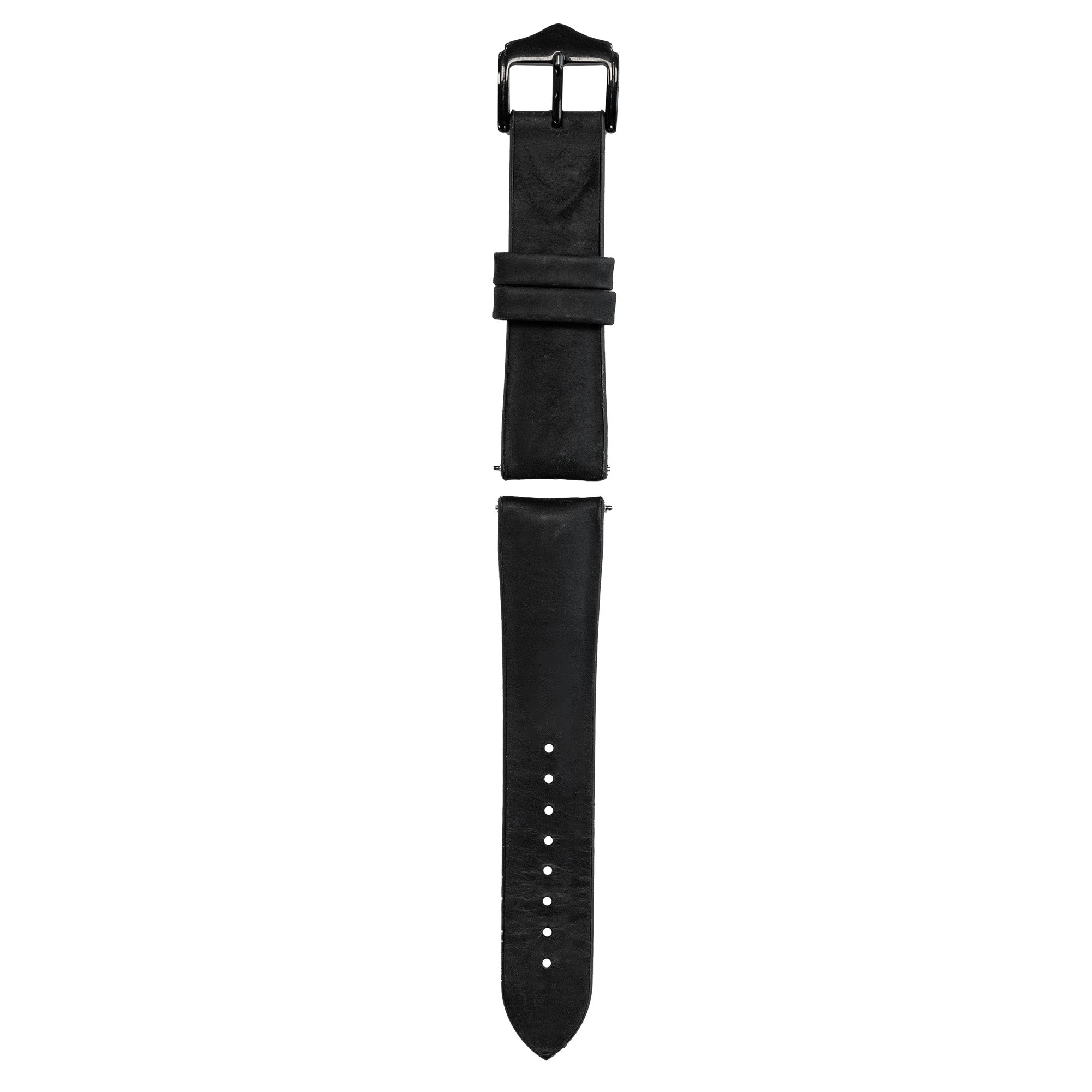 Schwarzes Leder-Uhrenarmband mit Schnalle, abgenommen. Das Armband hat mehrere Löcher. Alles auf weißem Hintergrund.