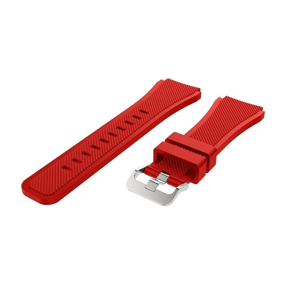 Zwei rote Uhrenarmbänder mit silberner Schnalle. Ein Armband ist abgenommen. Beide haben strukturierte Oberflächen.