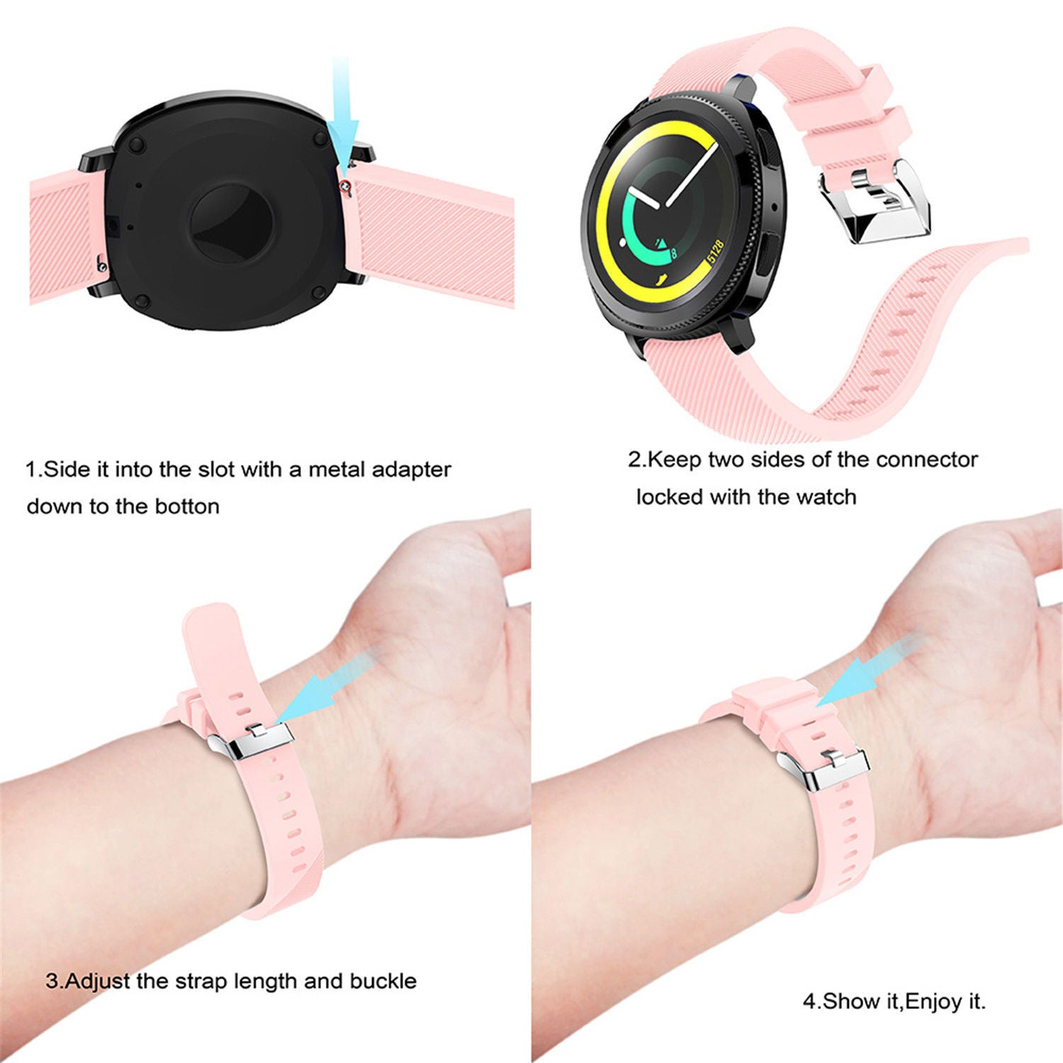Vier-Schritte-Anleitung zum Anbringen eines rosa Uhrenarmbands. Zeigt Uhrenteile, Armbandbefestigung, Schnallenanpassung und finale Anzeige.