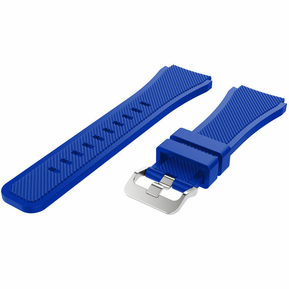 Zwei blaue Uhrenarmbänder mit Rippenstruktur. Ein Armband hat Löcher, das andere eine silberne Schnalle. Beide liegen auf weißem Hintergrund.