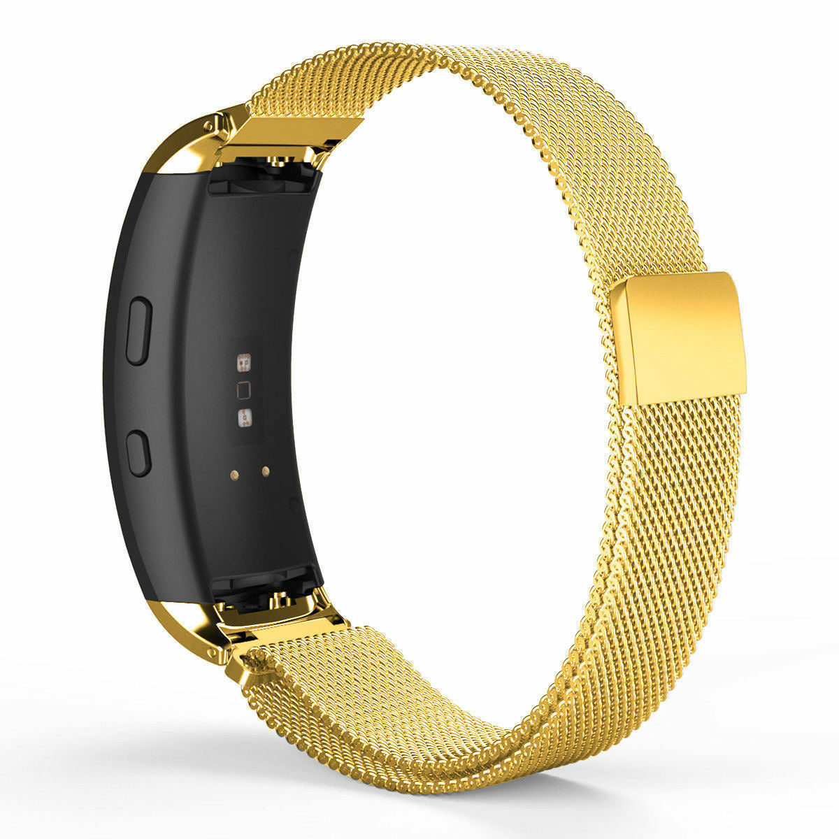 Eine goldene Smartwatch mit schwarzem Bildschirm. Das Armband ist ein Geflecht aus goldenen Gliedern, auf weißem Hintergrund.