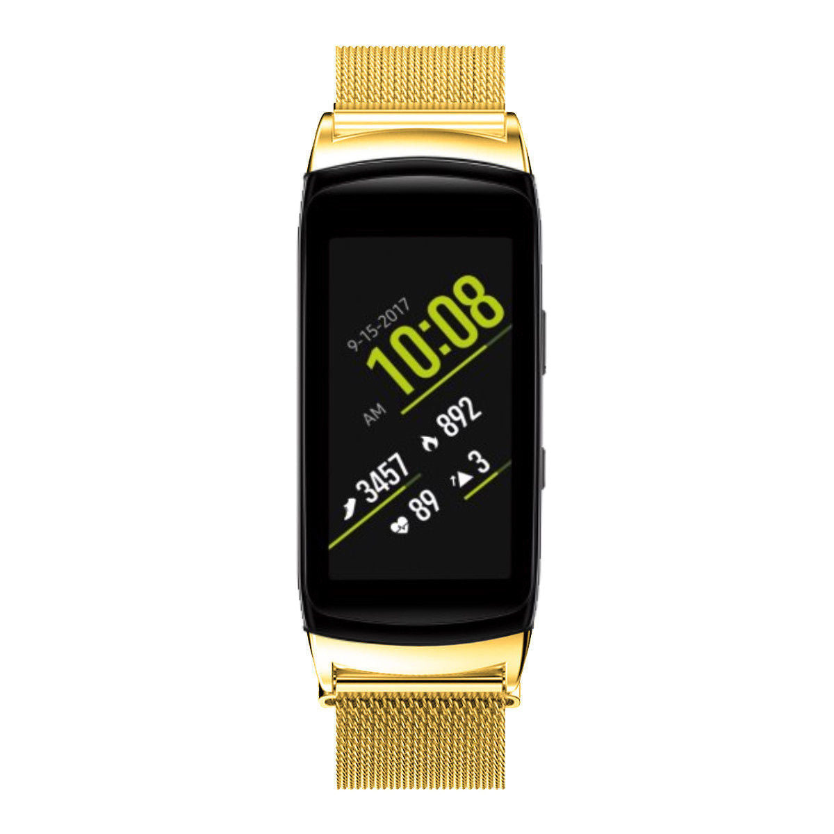 Eine goldene Smartwatch zeigt 10:08 Uhr AM am 15.09.2017 an. Sie zeigt Schritte, Herzfrequenz und andere Daten mit goldenem Armband.