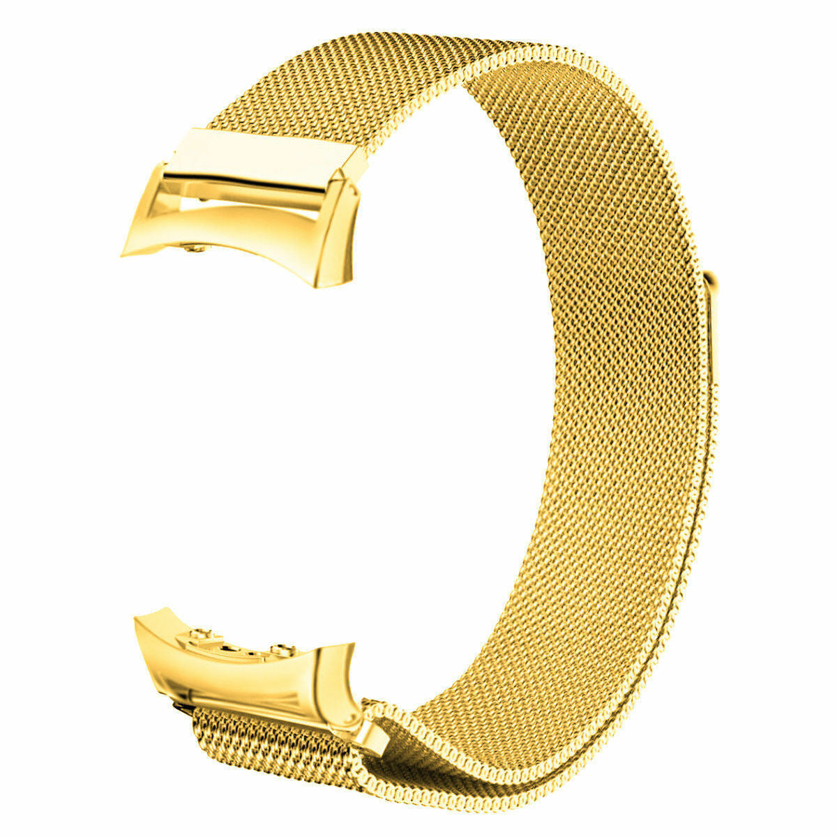 Ein goldfarbenes Uhrenarmband mit Mesh-Design und einem Verschluss an jedem Ende wird vor weißem Hintergrund dargestellt.