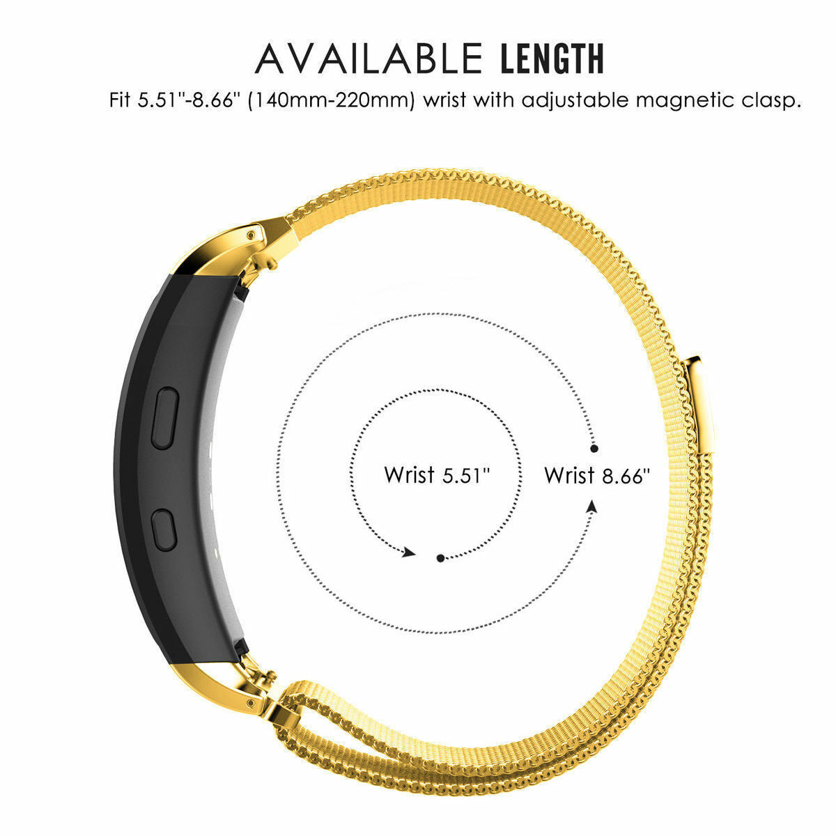 Ein goldenes Smartwatch-Armband mit schwarzem Zifferblatt. Text zeigt verfügbare Längen und Handgelenkgrößen.