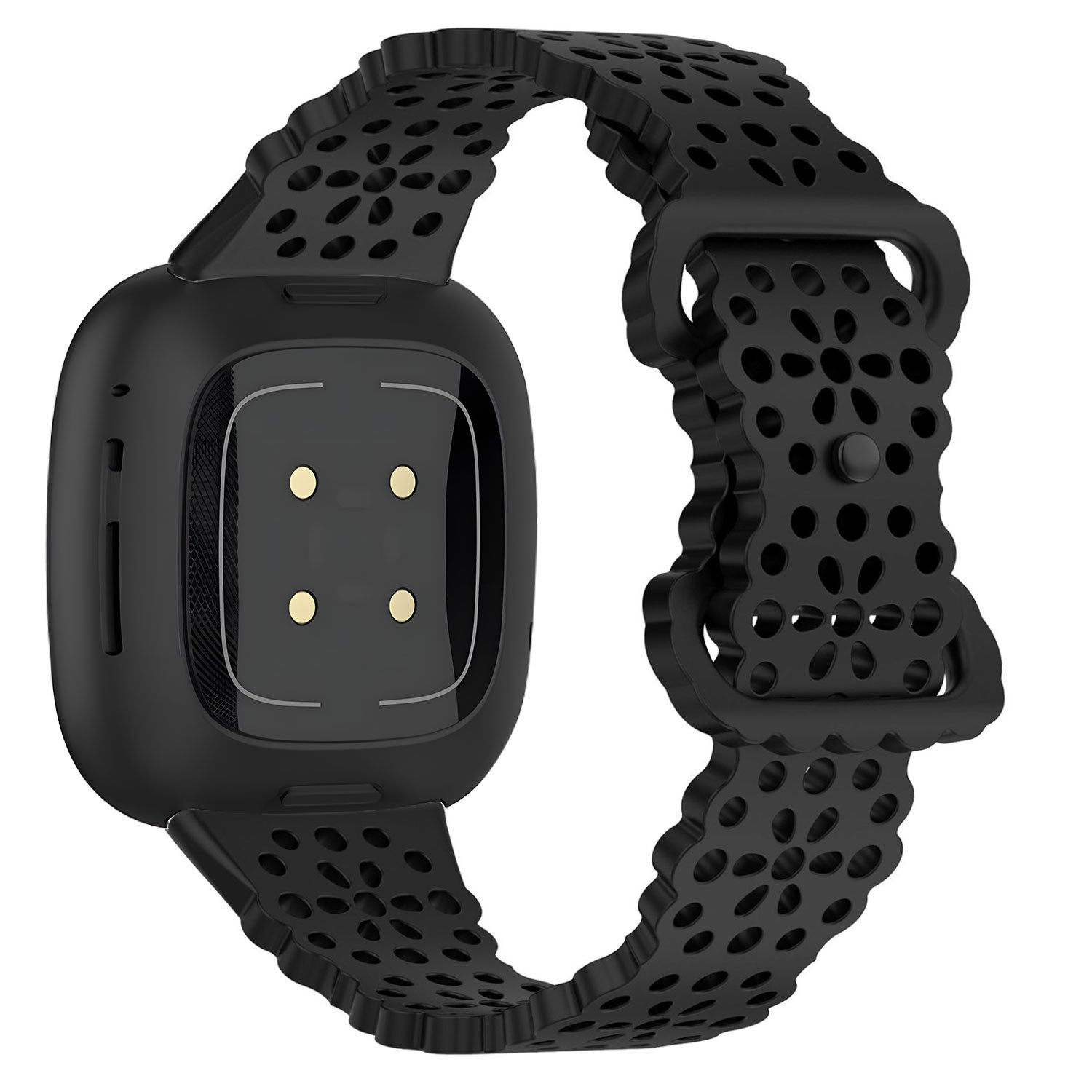 Eine schwarze Smartwatch mit perforiertem Armband. Das Zifferblatt hat eine rechteckige Form mit goldenen Punkten. Das Armband ist verbunden.