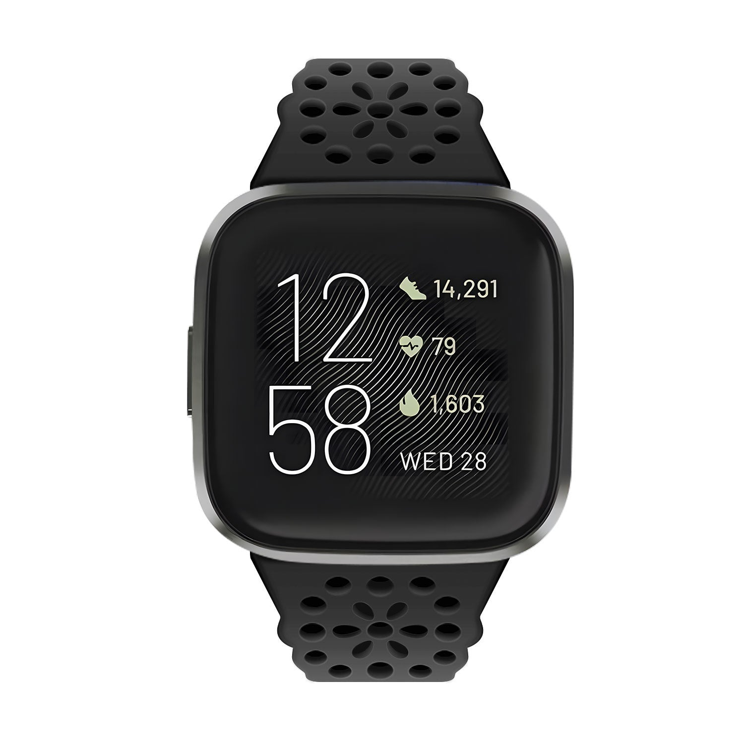 Eine schwarze Smartwatch zeigt die Zeit 12:58 Uhr an, mit Schrittzahl, Herzfrequenz und Aktivitätsdaten. Das Armband ist schwarz mit floralen Ausschnitten.