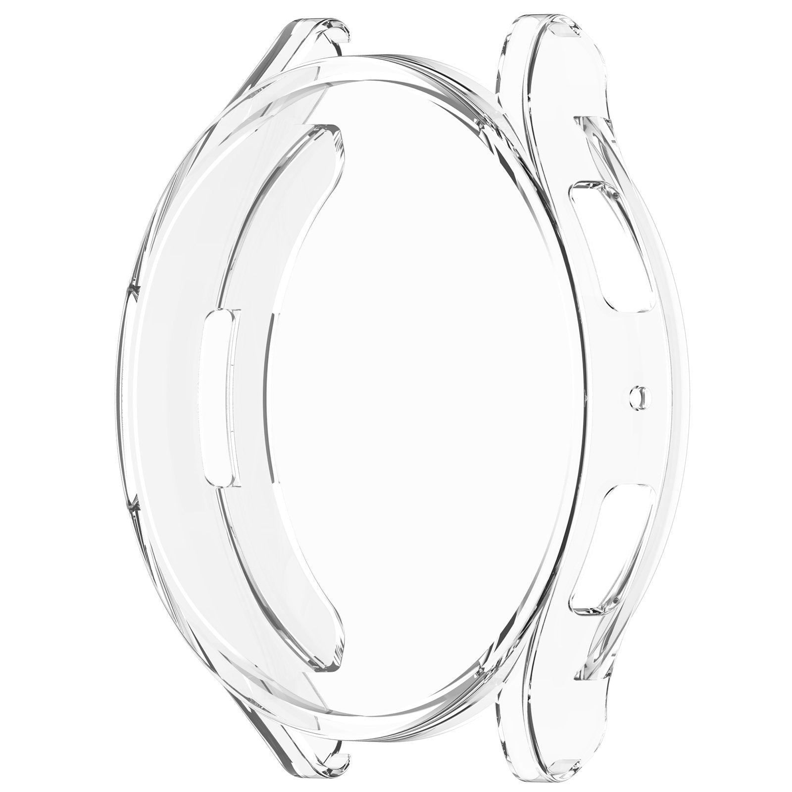 Eine transparente Uhrenhülle. Sie hat eine kreisförmige Form mit gebogenen Kanten und Aussparungen zum Schutz der Uhr.