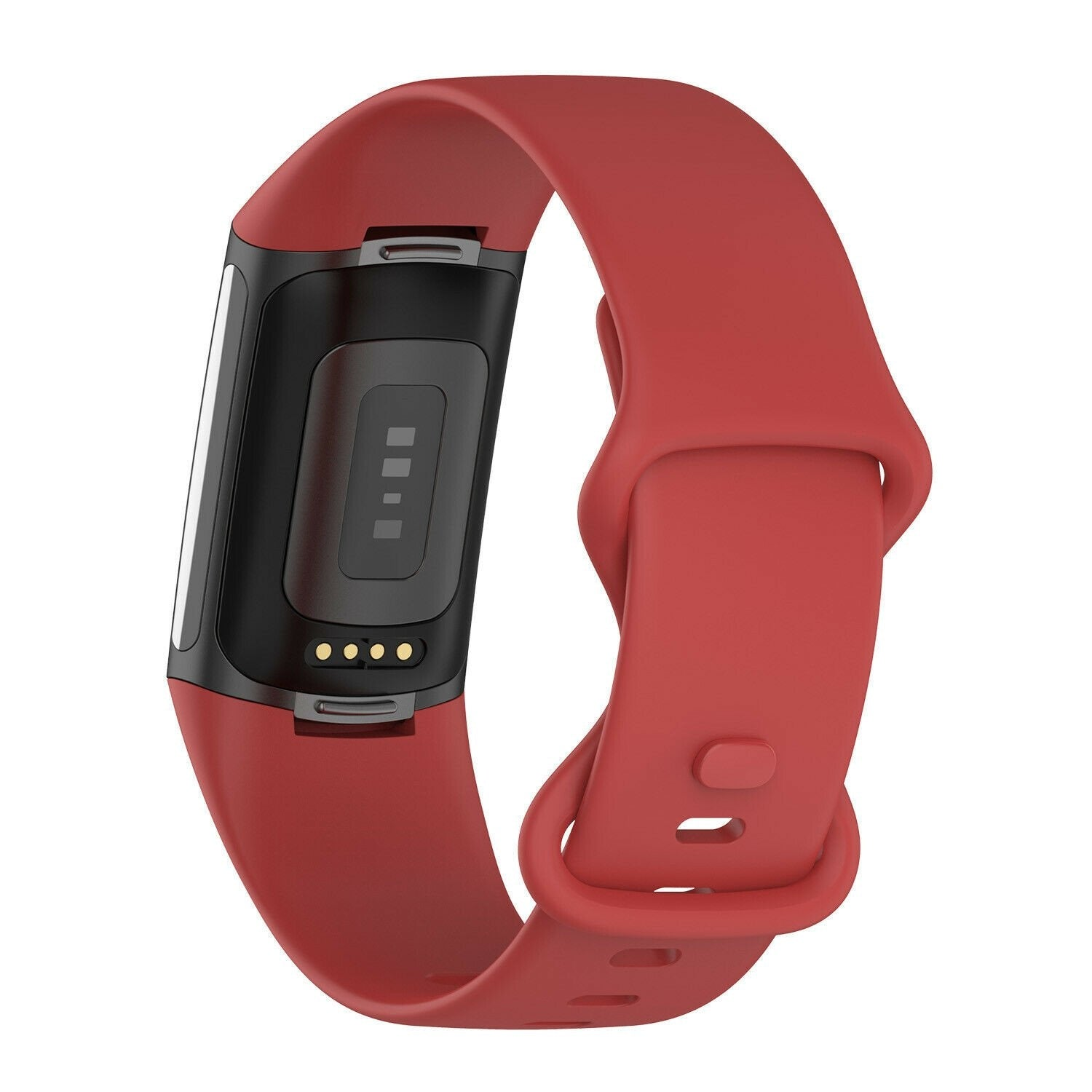 Eine rote Fitness-Tracker-Uhr auf weißem Hintergrund. Die Uhr hat einen schwarzen Bildschirm und ein rotes Armband. Das Armband ist geschlungen.