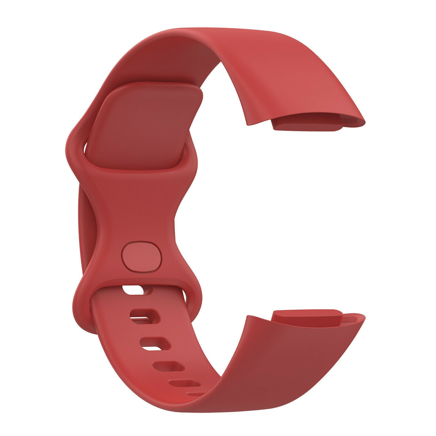 Ein rotes Uhrenarmband, gebogen mit Verschluss und Löchern. Das Armband ist vor weißem Hintergrund isoliert. Es besteht aus weichem Material.