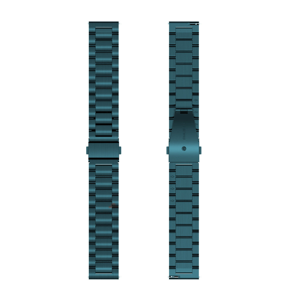 Zwei türkisblaue Uhrenarmbänder. Jedes Armband besteht aus verbundenen Metallteilen. Ein Armband zeigt einen Verschluss. Der Hintergrund ist weiß.