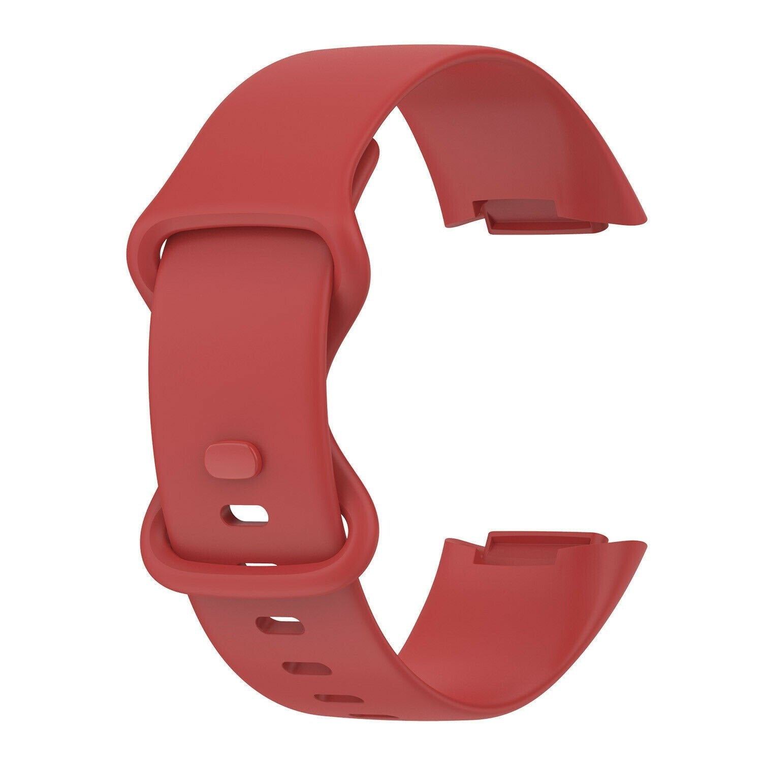 Ein rotes Uhrenarmband vor weißem Hintergrund. Das Band ist gebogen und hat einen Verschluss und Löcher zur Anpassung.