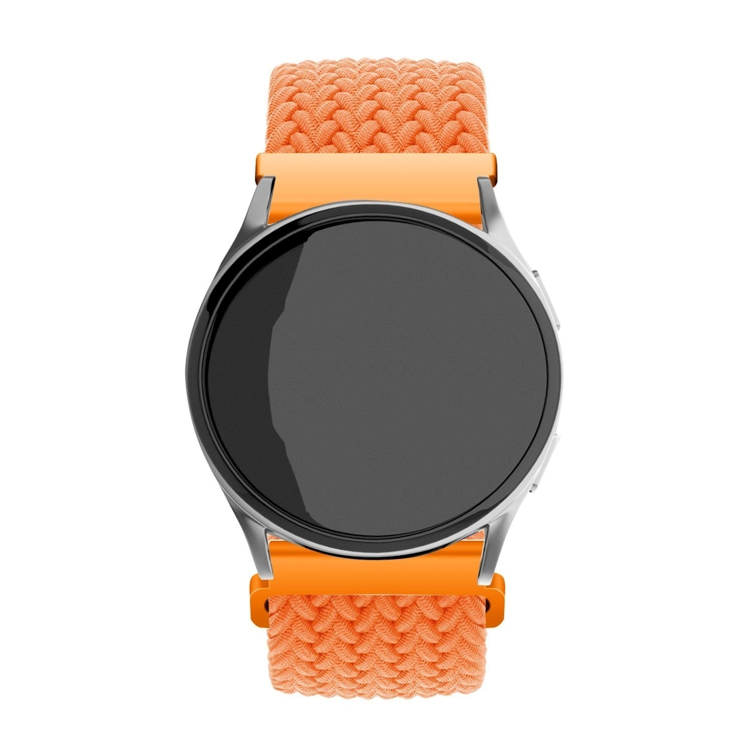 Eine Smartwatch mit schwarzem Bildschirm und orangefarbenen, gewebten Armbändern. Die Uhr hat ein silbernes Gehäuse.