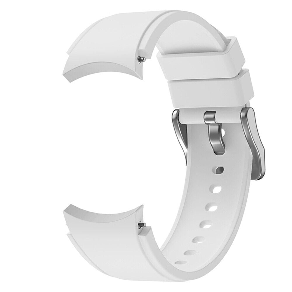 Ein weißes Uhrenarmband, gebogen mit Metallverschluss und mehreren Löchern. Das Armband besteht aus weichem, flexiblem Material.