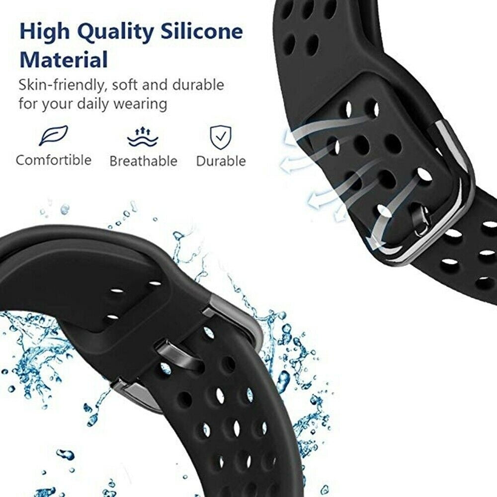 Gezeigt werden schwarze Silikon-Armbänder. Textdetails zu Qualität, Komfort, Atmungsaktivität und Haltbarkeit. Wassertropfen im Hintergrund.