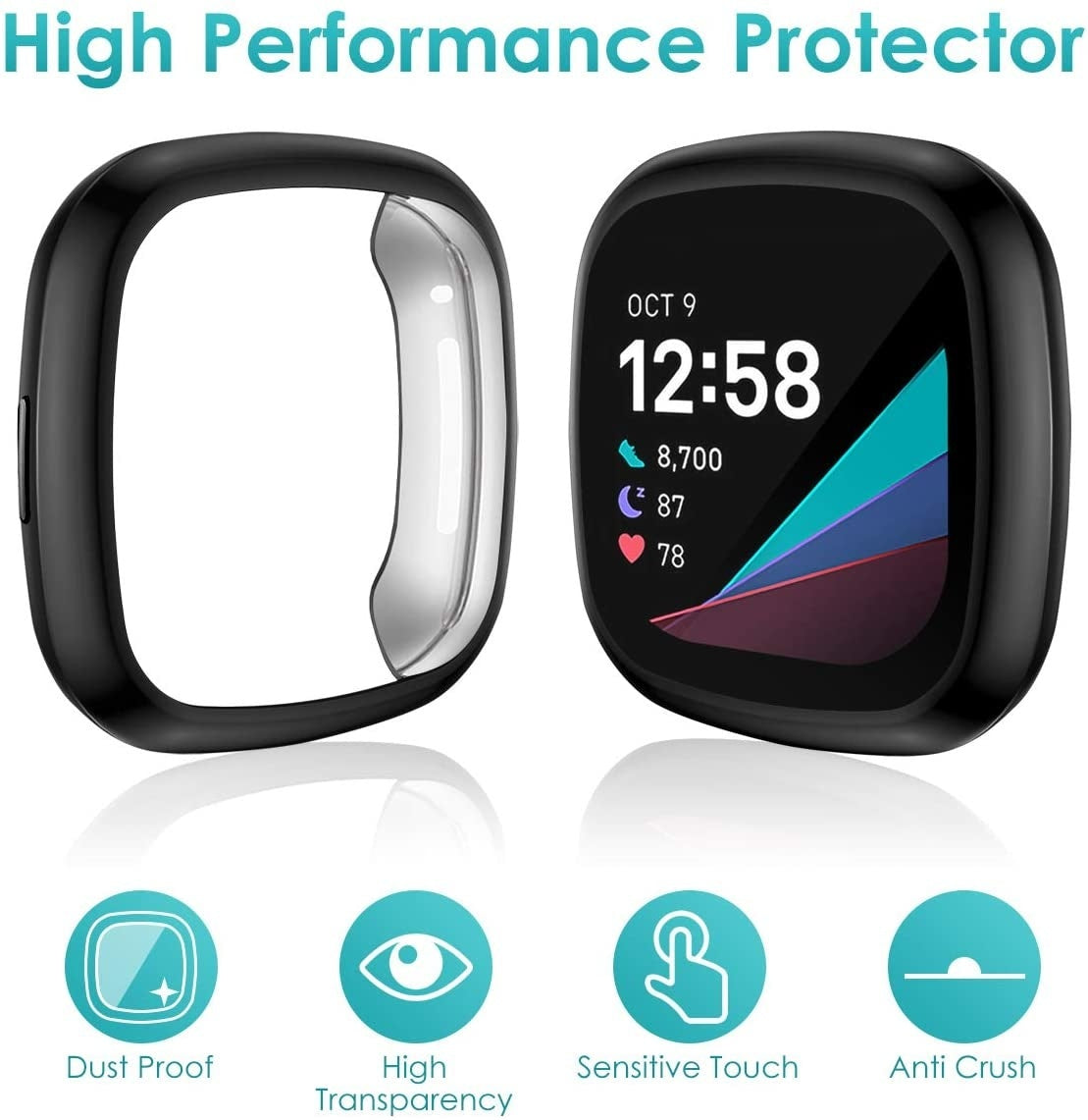 Eine Smartwatch mit schwarzem Gehäuse und Bildschirm, der Datum und Uhrzeit anzeigt. Links ist eine Schutzhülle. Symbole unten.