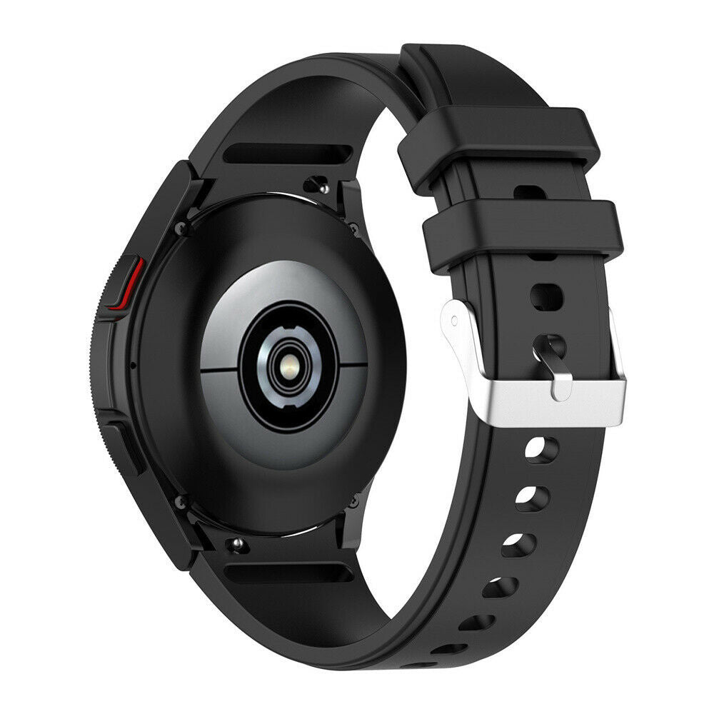 Schwarze Smartwatch auf Weiß. Die Uhr hat ein schwarzes Armband mit silberner Schnalle. Die Rückseite hat Sensoren und einen Knopf.