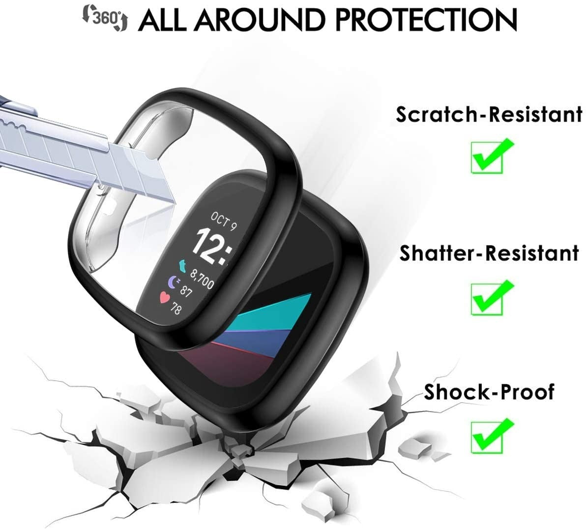 Eine Smartwatch mit schwarzem Gehäuse, geschützt durch eine Hülle. Der Text weist auf Kratz-, Bruch- und Stoßfestigkeit hin. Der Bildschirm zeigt Uhrzeit und Statistiken.
