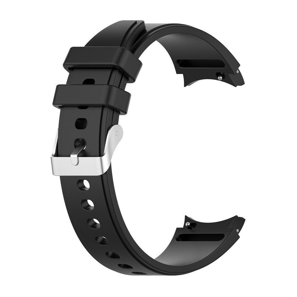 Ein schwarzes Uhrenarmband mit silberner Schnalle vor weißem Hintergrund. Das Armband hat Löcher und ein gebogenes Design.