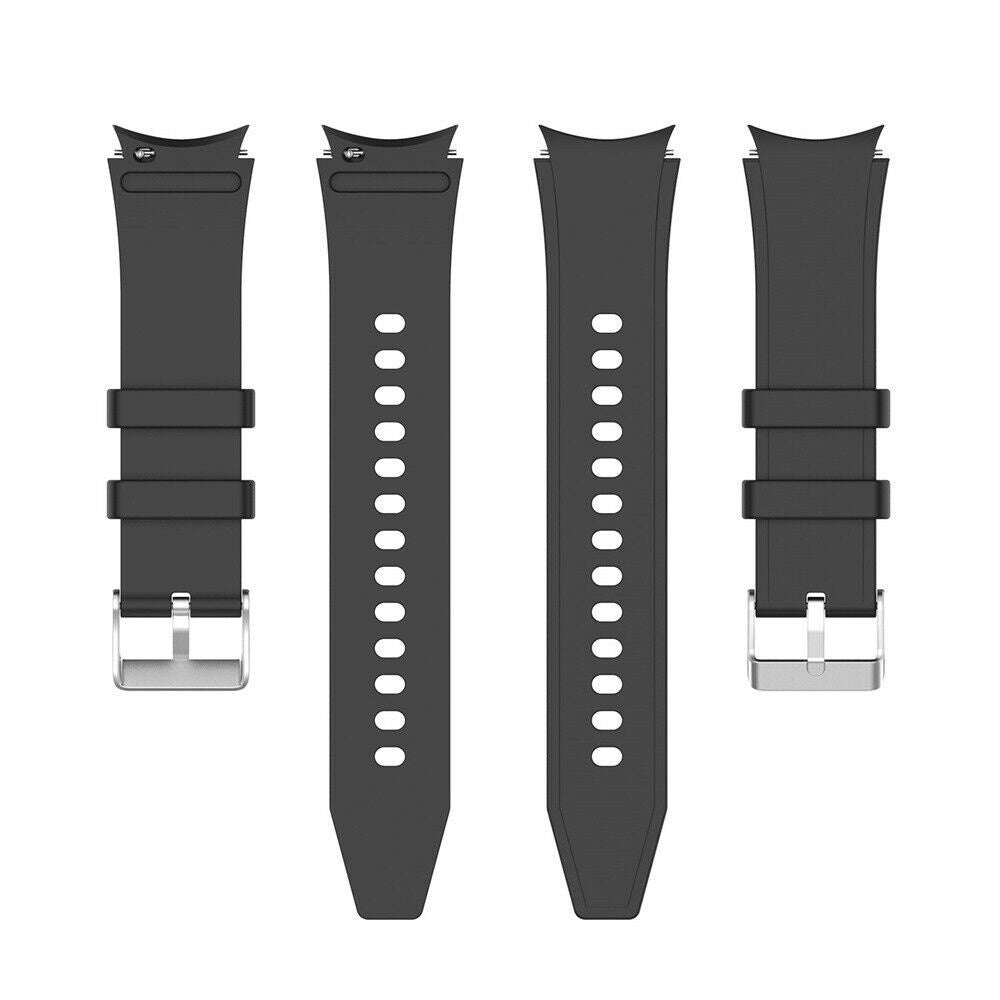 Vier schwarze Uhrenarmbänder. Jedes hat eine Schnalle und Löcher zur Anpassung. Alle sind auf weißem Hintergrund.