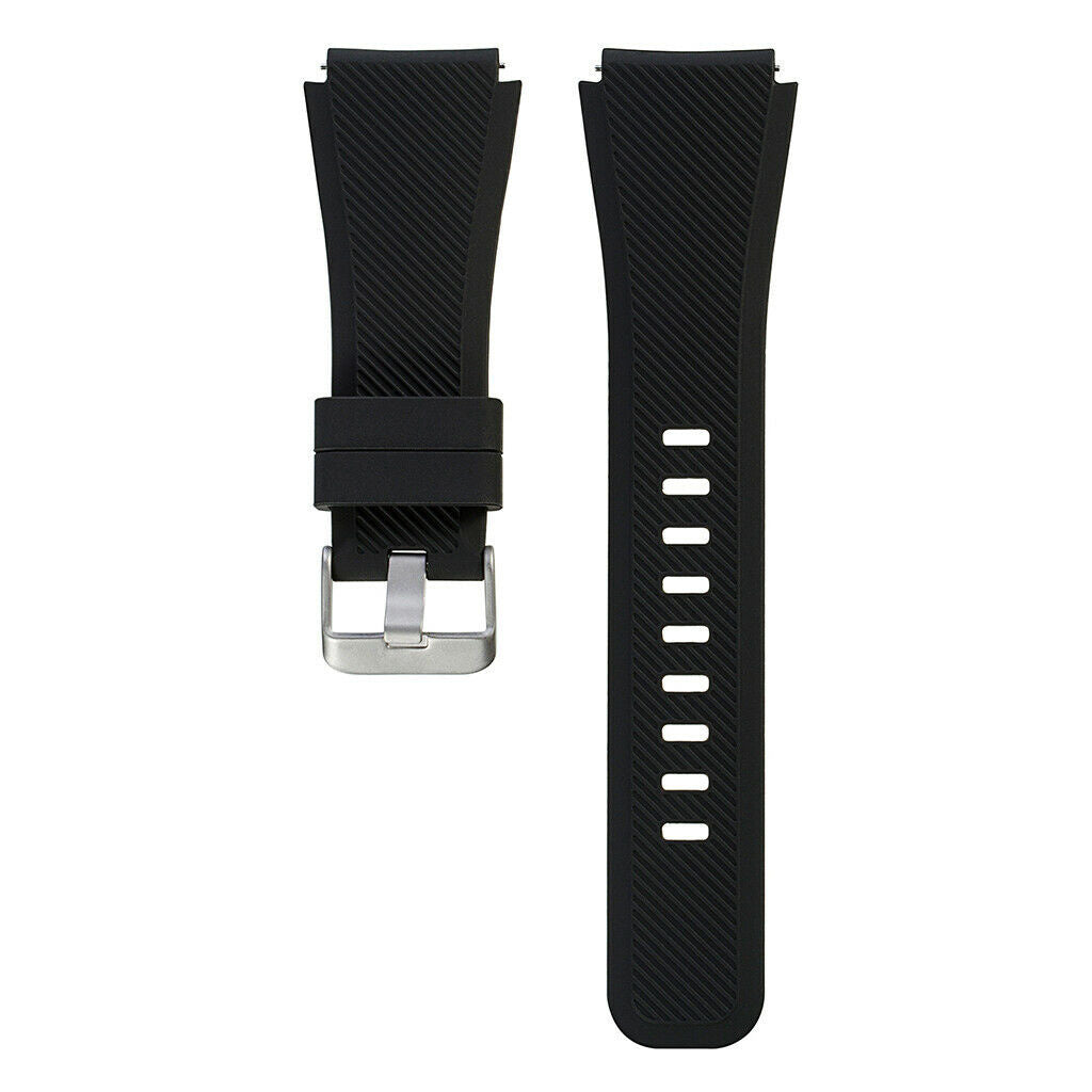 Zwei schwarze Uhrenarmbänder. Eines hat eine silberne Schnalle. Das andere hat vertikale Linien.