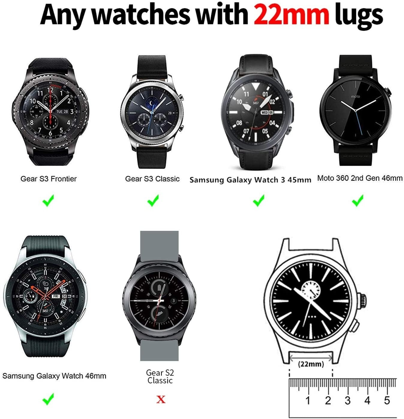 Das Bild zeigt Uhren mit 22-mm-Stegen. Sechs Uhren werden angezeigt, mit Namen wie Gear S3 und Samsung Galaxy Watch. Ein Lineal zeigt 22 mm.