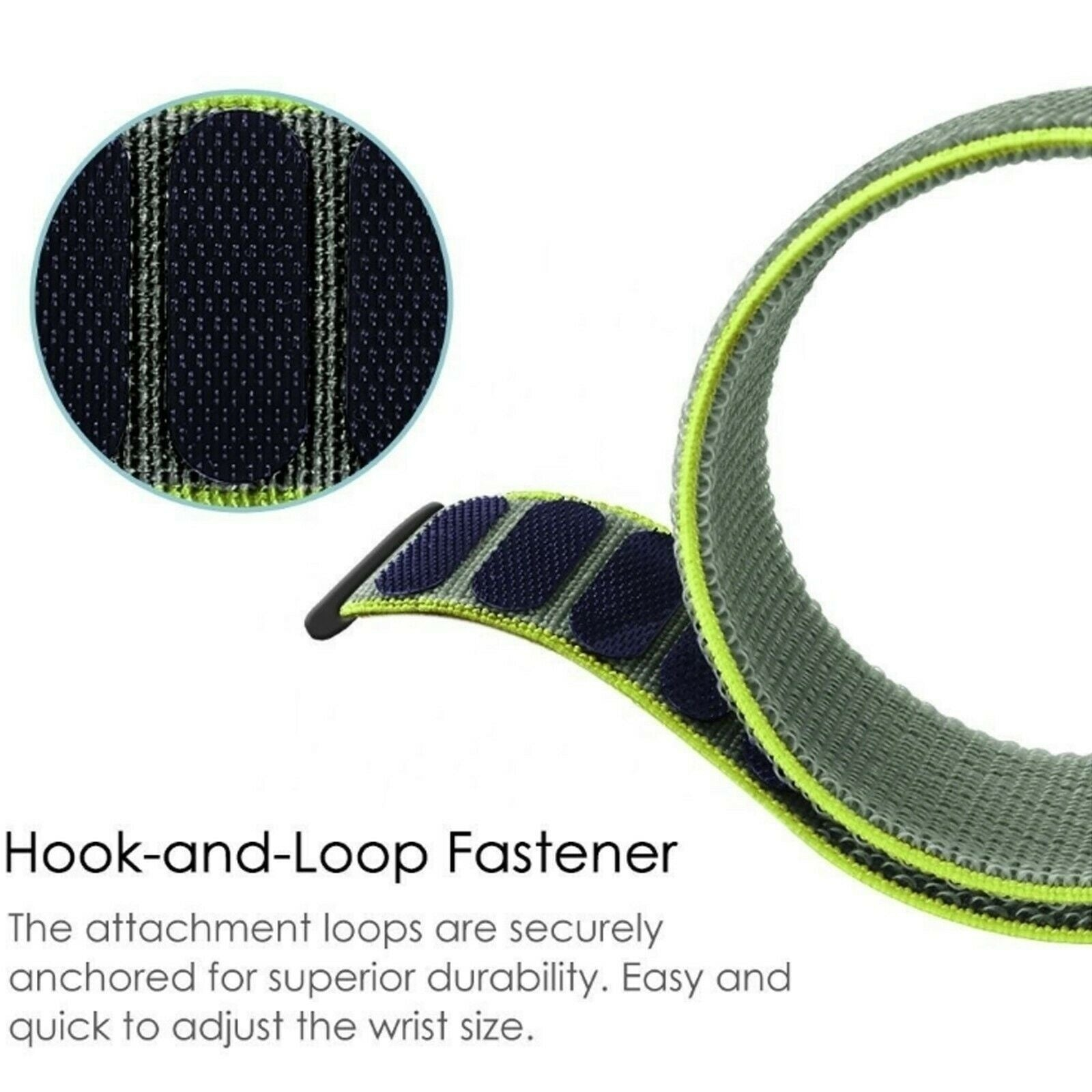 Nahaufnahme eines grauen Uhrenarmbands mit Klettverschluss. Ein kreisförmiges Detail zeigt die Webstruktur und die dunkelblaue Farbe.