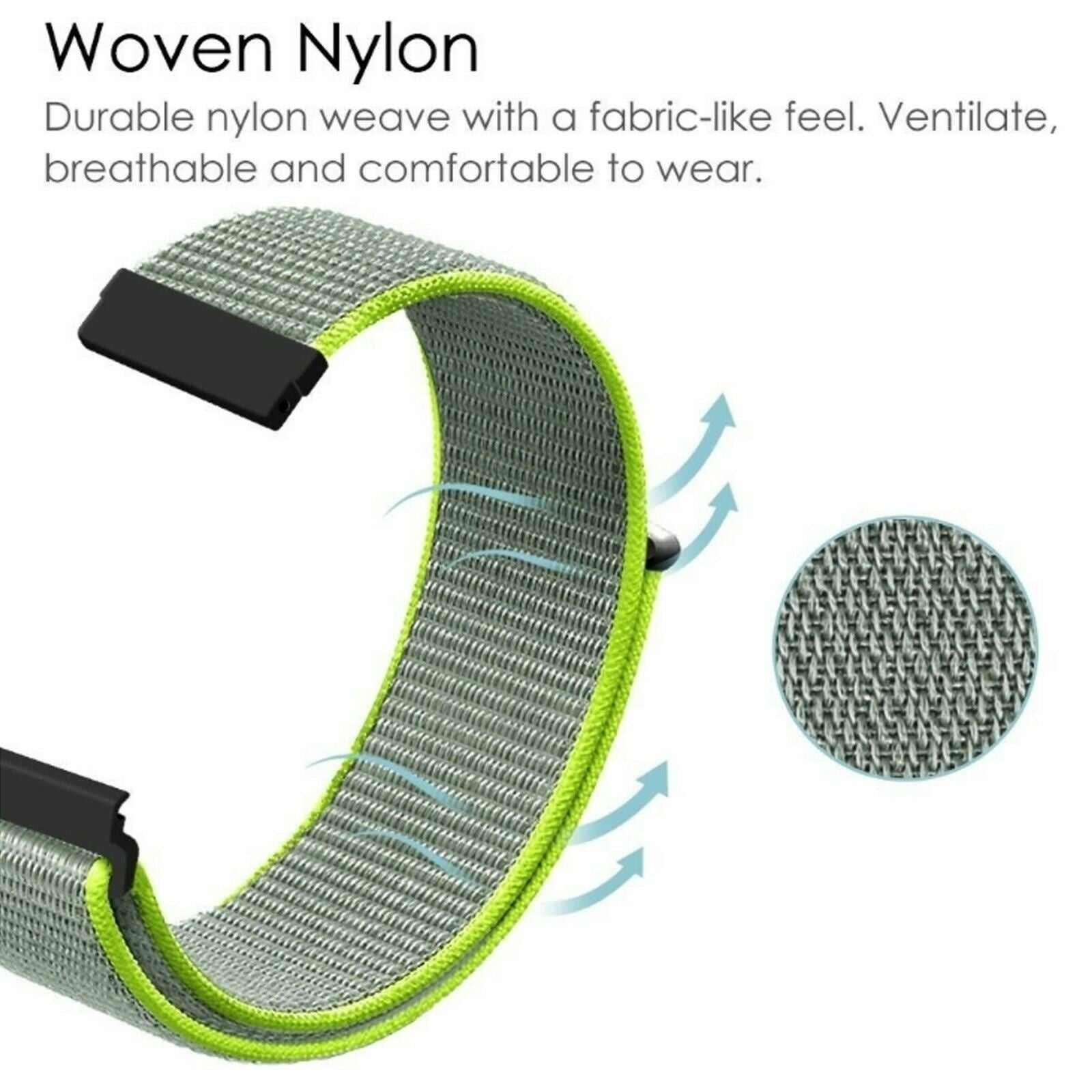 Nahaufnahme eines gewebten Nylon-Uhrenarmbands. Es hat ein hellgraues Gewebe mit grünem Rand und schwarzen Steckern.